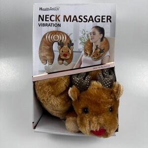 HealthTouch Neck Massager Unisex OS Brown Reindeer Plush Vibrating Travel Pillow